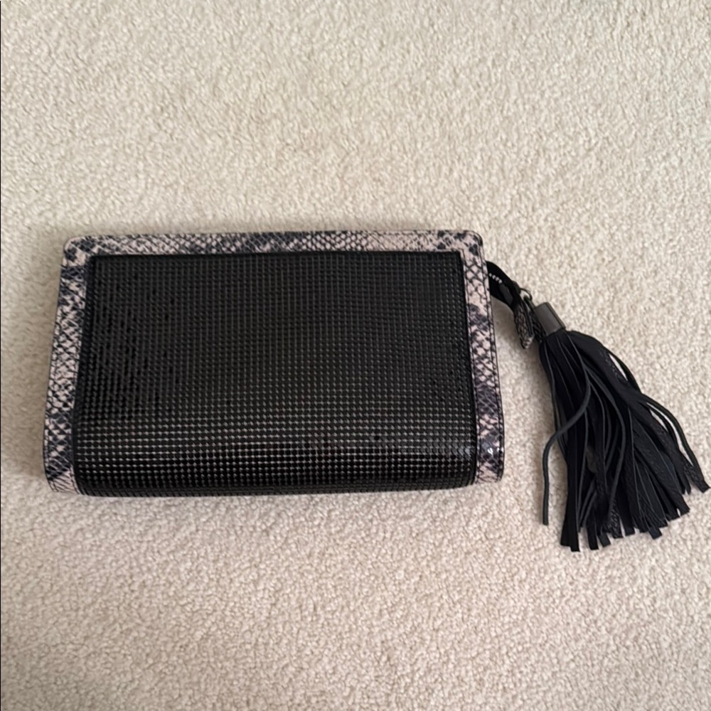 BCBGMaxAzria Black Chain Link and Snake Print Clutch with Tassel
